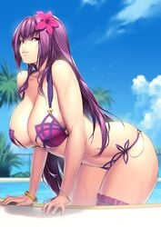 1girls bangs bikini bracelet cleavage cloud day fate/grand_order fate_(series) female flower hair_ornament hakai_shin hibiscus highres jewelry large_breasts long_hair looking_at_viewer navel outdoors pool purple_hair red_eyes sarong scathach_(fate) scathach_(swimsuit_assassin) sky smile solo standing swimsuit water wet