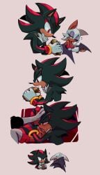 1boy 1girls bat_wings benshir black_fur blush covering_self cunnilingus cutaway eating eating_food eating_pussy embarrassed embarrassed_female flashback food fork green_eyes hamburger hand_on_head holding_head humor question_mark red_eyes rouge_the_bat sega shadow_the_hedgehog sonic_(series) sonic_the_hedgehog_(series) white_fur