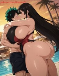 1boy 1girls 1male ai ai_generated akame_(akame_ga_kill!) akame_ga_kill! arms_around_neck ass ass_focus big_ass big_breasts black_hair black_swimsuit blush blushing_male breasts competition_swimsuit couple couple_(romantic) dratvan_(style) duo erect_nipples female gigantic_breasts green_eyes green_hair hotel hug huge_ass huge_breasts hugging hyper_breasts izuku_midoriya kissing light-skinned_female light-skinned_male long_hair male messy_hair my_hero_academia one-piece_swimsuit outdoors patreon patreon_username pool red_eyes red_stripes reenka25 resort sunset swimsuit thick thick_ass thick_thighs very_long_hair