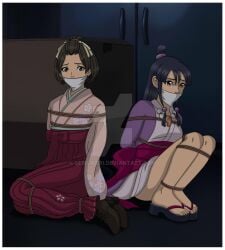 2girls black_hair bondage brown_eyes capcom cloth_gag dai_gyakuten_saiban damsel_in_distress gyakuten_saiban hair_tie hakama japanese_clothes light_skin maya_fey rope sandals sash serisabibi susato_mikotoba the_great_ace_attorney thick_thighs thighs worried_expression