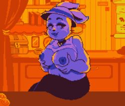 16-bit accurate_art_style anthro anthro_only big_breasts breasts bunny female female_only food furry furry_only grabbing_own_breast grabbing_own_breasts looking_at_viewer nipples pixel_art purple_fur rabbit rabbit_shopkeeper rabbit_shopkeeper_(undertale) serfuzzy shirt_up snowdin_shopkeeper solo solo_female undertail undertale