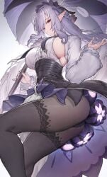 1girls ass black_panties black_pantyhose black_skirt bow breasts dress drill_hair gothic gothic_girl gothic_lolita holding_umbrella large_breasts long_hair looking_at_viewer marse_(rokudaime) mole mole_under_eye panties pantyhose pointy_ears purple_hair red_eyes shrug_(clothing) sideboob skirt solo thighs umbrella very_long_hair vivian_banshee white_dress zenless_zone_zero