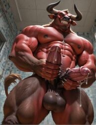 1anthro 1boy abs ai_generated animal_penis anthro balls big_balls big_penis brown_fur bull demon double_penis erection gay horns humanoid low_angle low_angle_view male male_only masturbation minotaur muscular muscular_male orgasm orgasm_face pecs penis precum precum_drip realistic red_body solo