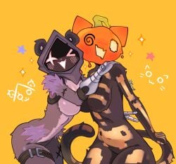 2026 2d 2d_(artwork) 2girls 5_fingers :3 :d @_@ akikonii anthro bandage bandages bear bear_ears bear_girl belly belt big_breasts big_hips big_thighs black_body black_fur blush blush_lines breasts cat_ears cat_girl cat_tail catgirl couple cute cute_face cute_fang digital_media digital_media_(artwork) epic_games feline female female_only fortnite fortnite:_battle_royale furry furry_female gauntlets hi_res hoodie hug jack-o'-lantern looking_at_viewer multicolored_body nipples oerba_yun_fang open_mouth pumpkin pumpkin_head purple_fur raven_team_leader raven_team_leader_(fortnite) scar scar_on_face simple_background skeleton smile smiling_at_viewer spice_(fortnite) sweat tagme v_sign