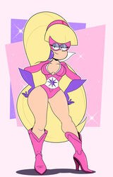 1girls aged_up blonde_hair boots busty cleavage cosplay cowboy_boots dc dc_comics disney disney_channel domino_mask elbow_gloves female female_only gloves gravity_falls headband high_heel_boots high_heels leotard long_hair older_female pacifica_northwest pink_boots solo star_sapphire_corps straight_hair teenager thick_thighs violet_lantern