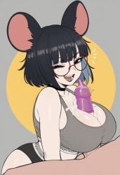 1boy 1boy1girl 1girls ai_generated black_hair condom condom_on_penis cum cum_in_condom freckles goth_girl large_breasts mouse_ears oc one_eye_closed original_character panties short_hair smugi sports_bra tanktop titjob