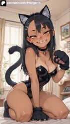 ai_generated animal_hands animal_tail black_hair black_leotard blush brown_eyes cat_ears cat_paws cat_tail cleavage female hand_up hayase_nagatoro kneeling looking_at_viewer medium_breasts morganx paw_pose please_don't_bully_me,_nagatoro tan tanline tanned