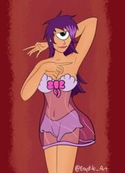 blue_eyes breasts cyclops ereptile_art female female_focus female_only futurama humanoid light-skinned_female light_skin lingerie one_eye pink_clothing pink_panties purple_hair single_eye solo solo_female solo_focus turanga_leela