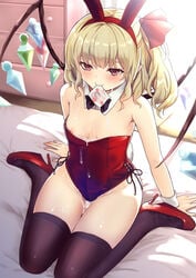 alternate_costume animal_ears areolae arms_behind_back bare_shoulders black_legwear blonde_hair blush breasts bunny_ears commentary_request condom condom_in_mouth crystal culter cum cum_on_body cum_on_breasts detached_collar fake_animal_ears female flandre_scarlet full_body high_heels highres indoors legs leotard leotard_pull long_hair looking_at_viewer medium_hair mouth_hold naughty_face nipple_slip nipples no_bra on_bed playboy_bunny red_eyes red_leotard side_ponytail sitting sitting_on_bed small_breasts smile solo thighhighs thighs touhou vampire wings wrist_cuffs