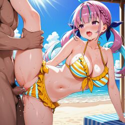 ai_generated beach female hololive hololive_gen_2 hololive_japan light_blue_hair minato_aqua purple_eyes purple_hair saliva standing_on_one_leg sweat swimsuit two-tone_hair