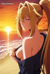 a_wild_last_boss_appeared ai_generated anime anime_style bare_shoulders beach blonde_hair breasts cloud female flashing hair_between_eyes hair_intakes hentai hi_res high_ponytail long_hair looking_at_viewer looking_back lufas_maphaahl medium_breasts mystic_maidens nipples no_bra ocean off_shoulder orange_sky outdoors patreon ponytail pulled_by_self red_eyes shirt shirt_pull sidelocks sky smile solo sun sunset upper_body very_long_hair water