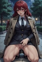 ai_generated business_woman exhibitionism exhibitionist exposed_pussy female female_only muscular_female office_lady partially_clothed public red_hair suit