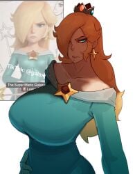 1girls angry aqua_dress bare_shoulders big_breasts blonde_hair blue_eyes breasts brooch collarbone crown cupperexe dress earrings female hair_over_one_eye high_heels huge_breasts jewelry long_hair long_sleeves mario_(series) nintendo off-shoulder_dress off_shoulder princess_rosalina reference_inset rosalina solo star_(symbol) star_brooch star_earrings
