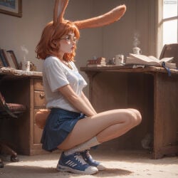 ai_generated aurora_(league_of_legends) 1girl solo breasts blush short_hair blue_eyes shirt skirt brown_hair animal_ears jewelry medium_breasts tail white_shirt full_body short_sleeves heart thighs earrings pleated_skirt parted_lips shoes socks glasses day indoors artist_name medium_hair miniskirt necklace mole rabbit_ears orange_hair from_side cup blue_skirt legs lips book kneehighs bare_legs window profile white_socks chair squatting sunlight rabbit_tail sneakers t-shirt lipstick steam light_particles clothes_writing desk between_legs freckles pendant round_eyewear blue_footwear v_arms paper hand_between_legs rabbit_girl mug shirt_tucked_in open_book nose realistic red_lips pen tiptoes rimless_eyewear coffee picture_frame book_stack swivel_chair on_desk coffee_mug armchair office_chair eraser ribbed_legwear dust drawer office viera brown-framed_eyewear chest_of_drawers bookmark converse print_mug
