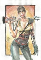 1girls 2015 bald bald_female big_breasts breasts cleavage erect_nipples female gun imperator_furiosa jonatas mad_max nipple_bulge rifle shaved_head solo traditional_media_(artwork) very_short_hair