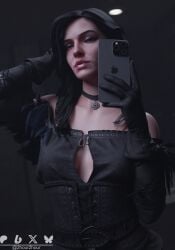 2hour2 3d big_breasts black_clothing black_gloves black_hair cleavage female_only gloves iphone posing_for_picture purple_eyes sexy_female taking_picture the_witcher_(series) the_witcher_3:_wild_hunt yennefer