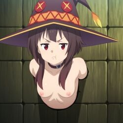 1girls ai_generated annoyed black_collar breasts brown_hair collar female_only kono_subarashii_sekai_ni_shukufuku_wo! konosuba megumin naked naked_female nipples nude nude_female pouting red_eyes short_hair small_breasts solo_female stuck_in_wall through_wall wizard_hat