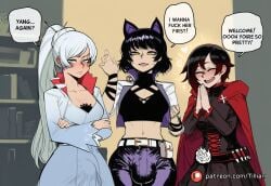 3girls ai_generated animal_ears belt belt_buckle black_hair blake_belladonna blue_eyes blush breasts buckle bulge cape cat_ears cleavage cloak closed_eyes collarbone crop_top cropped_jacket cross crossed_arms dress earrings english_text erection erection_under_clothes futanari gradient_hair grey_eyes heart high_collar implied_futanari jacket jewelry long_hair long_sleeves looking_at_viewer medium_breasts midriff multicolored_hair multiple_girls navel open_mouth own_hands_together pants patreon_username ponytail red_cape red_hair ruby_rose rwby scar scar_across_eye scar_on_face short_hair smile speech_bubble tillian two-tone_hair watermark weiss_schnee white_hair yellow_eyes