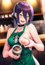 ai_generated apron apron_only breasts breasts_out cafe_au_lait chainsaw_man choker coffee coffee_cup creamer dripping_milk employee_of_the_month employee_uniform female grenade_pin lactating lactation logo looking_at_viewer milk milk_collecting milking_breasts naked_apron projectile_lactation reze_(chainsaw_man) serving_beverage serving_drink smile smiling_at_viewer solo_female squeezing_breast starbucks starbucks_barista starbucks_uniform