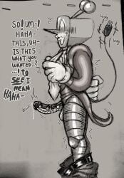 antennae_(anatomy) big_penis deltarune deltarune_chapter_3 embarrassed embarrassed_expression gloved_hands half-dressed jacob's_ladder letttusse male male_only object_head pants_around_ankles pants_down penis penis_out precum precum_drip precum_on_penis precum_string robot_humanoid robot_penis showing_off tail tenna_(deltarune) text tv_head veiny_penis wagging_tail
