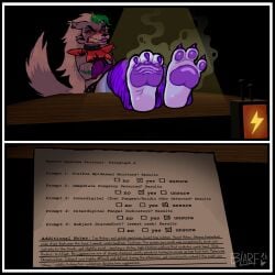 3_toes absurd_res angry bared_teeth black_border blarf022 blush bodily_fluids border canid canine canis claws clothing cross-popping_vein crossed_arms curling_toes dipstick_tail embarrassed english_text feet feet_up female five_nights_at_freddy's five_nights_at_freddy's:_security_breach foot_focus foot_on_table furniture hi_res leg_warmers legwear mammal markings musk pawpads plantigrade plantigrade_pawpads roxanne_wolf scottgames sharp_teeth smell_profile smelly smelly_feet soles solo steel_wool_studios stink_fumes sweat sweatdrop table tail tail_markings teeth text toe_claws toes wolf