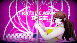 3d 3d_(artwork) amber_eyes atlus bikini bikini_bottom bikini_top bottomwear brown_hair clothed clothing hoop_earrings human idol kujikawa_rise light-skinned_female long_hair looking_at_viewer myrotep nail_polish persona persona_4 pink_nails pole pole_dancing render stage swimsuit swimwear topwear yellow_bikini yellow_bikini_top