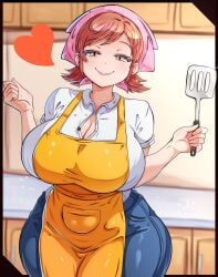 1girls 2026 2d 5_fingers amber_eyes apron ass background bandana big_breasts breasts bright_pupils cleavage clothed color cooking_mama countertop day daytime digital_media_(artwork) ears eyebrows eyebrows_visible_through_hair eyes_half_open female female_focus female_only fully_clothed headgear headwear heart heart_symbol hi_res hourglass_figure huge_breasts human human_only jeans kitchen kitchen_utensils large_ass large_breasts large_hips long_eyelashes looking_at_viewer love_handles mama_(cooking_mama) milf mrrollingcircle red_hair shaded short_hair short_sleeves slight_blush small_ears smile solo solo_female spatula thick thick_thighs thighs tight_clothing white_shirt wide_hips