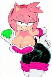 ai_generated kimmythefem amy_rose sonic_(series) sonic_the_hedgehog_(series) huge_breasts rouge_the_bat_(cosplay) no_sex solo one_girl half_closed_eyes suggestive suggestive_look bursting_breasts cleavage emerald holding_object looking_at_viewer