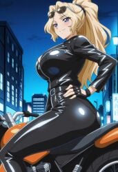 1girls accurate_art_style ai_generated alternate_costume anime_style bad_girl big_breasts bike biker biker_clothes biker_girl blonde_hair blue_eyes blush breasts busty cleavage curvaceous curvy curvy_body curvy_female curvy_figure eyewear female female_focus female_only fingerless_gloves gloves hand_on_hip highres hourglass_figure hourglass_figured_female huge_breasts jacket leather leather_clothing leather_jacket leather_pants long_hair mature mature_femal milf motorcycle naughty_face naughty_smile night no_bra no_bra_under_clothes no_shirt okita_asuka oppai outdoors pants parted_bangs pinup ponytail revealing_clothes rin_x_sen rin_x_sen_+_ran_-_sem_cross_mix seat sitting_on_motorcycle sitting_on_seat skimpy skimpy_clothes smile smirk solo solo_focus street sunglasses sunglasses_on_head tied_hair tight_clothing very_long_hair voluptuous zipper zipper_down zipper_pull_tab