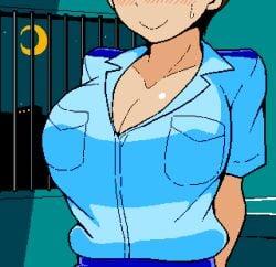 1boy 1girls 2d animated areolae blush breasts breasts_out brown_hair clothed fukei_(jermaneels) game_cg grabbing_another's_breast grabbing_breasts hands_on_breasts head_out_of_frame jermaneels loop looping_animation nipples open_mouth open_shirt pixel_animation pixel_art police police_uniform policewoman shaking_breasts squeezing_breast squeezing_breasts strip_rock-paper-scissors_-_police_edition