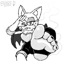 2025 5_toes absurd_res anthro bat black_and_white blarf022 bodily_fluids breasts cleavage clothed clothing dirty dirty_feet feet female foot_focus footwear hi_res holding_nose humanoid_feet lipstick makeup mammal monochrome musk one_eye_closed one_shoe_on plantigrade rouge_the_bat sega shoes smelly smelly_feet solo sonic_(series) sonic_the_hedgehog_(series) stink_fumes stink_lines stirrup_legwear sweat sweatdrop toes wings