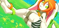 1girls anthro ass black_nose dog_ears dog_girl dog_tail freedom_planet furry furry_female furry_only green_eyes milla_basset notbuckhori orange_hair solo solo_female swimsuit thighs tongue tongue_out white_fur