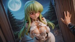 1boy 2026 ai_generated blush breasts c.c. cleavage cleavage_cutout closed_mouth code_geass covered_navel cowboy_shot dutch_angle embarrassed female full_moon gloves green_hair hands_on_own_chest large_breasts long_hair moon night night_sky outdoors pov sky solo_focus sweat thigh_gap white_gloves yellow_eyes