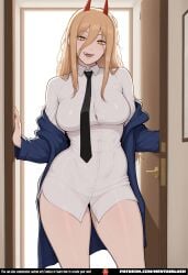 8k ai_generated aroused ass_focus bangs big_nipples black_necktie blonde_hair blue_jacket blush breast_focus business_suit cameltoe chainsaw_man cleavage curvy demon_girl detailed_background detailed_skin devil_horns doorway embarrassed erect_nipples fangs formal_wear from_below glossy_skin hard_nipples heavy_eyeliner hentblush highres horns huge_breasts indoors large_areolae leaning_forward lipstick long_hair looking_at_viewer looking_up loose_clothes low_angle makeup massive_breasts minidress mischievous_grin nipples_visible_through_clothing no_panties nsfw office_lady open_jacket playful ponytail pov pov_from_below power power_(chainsaw_man) pubic_hair puffy_nipples pussy pussy_juice realistic_shading red_horns secretary seductive seductive_smile sharp_teeth shiny_skin shirt_lift sidelocks skin_texture smile succubus sweat sweatdrop tall_girl thick_thighs thigh_gap tongue_out unbuttoned_shirt underboob upskirt vampire_teeth very_short_dress visible_pussy voluptuous wet white_shirt wide_hips yellow_eyes