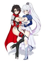 alternate_costume ballet_boots bdsm bdsm_collar chained_nipples collar collared exposed_breasts heel_boots leashed_together nipple_piercing panties_swapped ruby_rose rwby sephtis visible_panties weiss_schnee