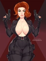 1girls ange1witch avengers big_breasts black_widow_(marvel) bodysuit breasts cleavage female female_only green_eyes gun hair human human_only light-skinned_female light_skin looking_at_viewer marvel marvel_comics natasha_romanoff orange_hair red_hair redhead short_hair solo solo_female superheroine tagme unzipped_bodysuit weapon