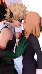 1boy1girl 3d 3d_(artwork) blonde-haired_male blonde_hair blush bodysuit bodysuit_open breast_grab breast_play breast_squish breasts breasts_out bubbleteaua camie_utsushimi clothed collar french_kiss hero_outfit_(mha) imminent_sex katsuki_bakugou kissing latex_suit light_brown_hair light_brown_hair_female male/female mask masked_male my_hero_academia nipples petting spiky_hair straight tight_clothing tongue tongue_kiss tongue_out