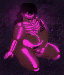 beard big_penis black_hair blacklight bodypaint chubby_male cum cum_drip dark_background erect_penis erection glowing glowing_eyes glowing_paint hairy_body holding_penis leslie_brown long_hair looking_at_viewer male_only naked on_knees penis pink_paint pubes sitting skeleton_bodypaint skeleton_markings skull skull_head smiling_at_viewer steg_(the_rock_cocks) tattooed_arm the_rock_cocks top_view wariza