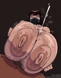 1boy 1girls big_breasts black_eyes black_hair bumpy_areola cum_rope cumshot dark-skinned_male fists_clenched headphones low_res mouth_mask naked naked_female nimu nimu_(irl) nipples paizuri penis pubic_hair sofía_magaly_santillán_(nimu) tasteofchoklit white_skinned_female youtube youtube_hispanic youtuber