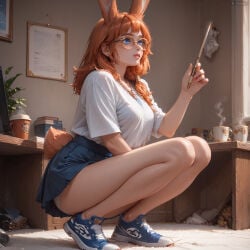 ai_generated aurora_(league_of_legends) 1girl solo long_hair breasts blush blue_eyes shirt large_breasts skirt brown_hair holding animal_ears closed_mouth jewelry medium_breasts underwear school_uniform tail white_shirt full_body panties short_sleeves thighs earrings pleated_skirt parted_lips shoes glasses day indoors artist_name hand_up miniskirt necklace mole rabbit_ears orange_hair from_side white_panties animal_ear_fluff cup blue_skirt fingernails legs lips book bare_legs window squatting table sunlight pantyshot plant rabbit_tail sneakers extra_ears steam hair_over_shoulder desk freckles upskirt black-framed_eyewear round_eyewear blue_footwear teacup legs_together paper rabbit_girl mug shirt_tucked_in pink_lips nose realistic steaming_body wand hair_behind_ear pen potted_plant looking_afar disposable_cup computer tiptoes saucer coffee picture_frame book_stack holding_wand laptop holding_pen panty_peek no_socks on_desk coffee_mug tablet_pc coffee_cup white_nails yellow-framed_eyewear product_placement pointer brown-framed_eyewear two-tone_footwear converse