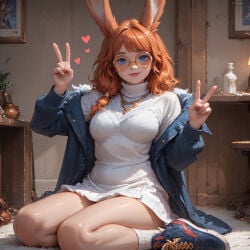 ai_generated aurora_(league_of_legends) 1girl solo long_hair breasts looking_at_viewer blush smile blue_eyes large_breasts skirt brown_hair long_sleeves dress animal_ears jewelry sitting medium_breasts jacket full_body braid heart thighs parted_lips open_clothes shoes socks glasses indoors artist_name medium_hair white_dress off_shoulder necklace mole bag rabbit_ears orange_hair open_jacket sweater hands_up legs fur_trim lips mole_under_eye shiny_skin v turtleneck thick_thighs white_socks short_dress wariza blue_jacket bottle plant light_smile denim sneakers mole_under_mouth seiza freckles pendant ribbed_sweater round_eyewear blue_footwear turtleneck_sweater wooden_floor rabbit_girl double_v on_floor borrowed_character nose fur-trimmed_jacket white_sweater red_lips potted_plant lamp sweater_dress blue_sweater picture_frame vase cable_knit biting_own_lip aran_sweater grey_socks turtleneck_dress yellow-framed_eyewear drawer viera brown-framed_eyewear body_freckles chest_of_drawers thick_lips denim_jacket glass_bottle converse