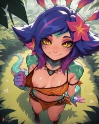 ai_generated blue_hair body_markings chameleon chameleon_humanoid facial_markings female gradient_body gradient_skin green_body green_sclera green_skin hair_flower inviting_to_sex jungle league_of_legends lizard_girl lizard_tail looking_at_viewer markings medium_hair monster_girl multicolored_body multicolored_hair multicolored_skin neeko nipples open_clothes outdoors outside pink_hair protokebab pulling_own_clothes scales slit_pupils small_breasts smug solo solo_female standing stirrup_footwear yellow_eyes