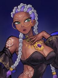 1girls big_breasts bodypaint braid dark-skinned_female dark_skin dolores_(kof) glasses gold gold_(metal) green_eyes huge_breasts king_of_fighters long_hair marueggplant purple_hair round_glasses thick two-tone_hair voluptuous voluptuous_female white_hair