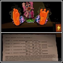 2026 3_toes absurd_res anthro avian barefoot beak bird black_border blarf022 blue_eyes blush border character_request chicken circus_chica clothing english_text feathers feet feet_up female five_nights_at_freddy's foot_focus galliform hat headgear headwear hi_res humanoid_feet musk necktie party_hat phasianid plantigrade scottgames smelly smelly_feet solo stink_fumes text toes twintails white_body white_feathers