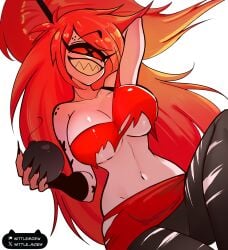 cherri_bomb cherri_bomb_(hazbin_hotel) freckles freckles_on_face hazbin_hotel one_eye pale-skinned_female pale_skin ripped_pants sharp_teeth torn_clothes wittlemoew