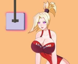 big_breasts blonde_hair dlobo777 huge_breasts hypnosis hypnotic_screen large_breasts lifeguard lifeguard_swimsuit mercy overwatch red_lipstick swirly_eyes symbol_in_eyes wide_hips