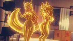 2024 2girls 3d 3d_(artwork) asfr demon displayed female_only furry gold gold_body golden helluva_boss koikatsu large_breasts loona_(helluva_boss) metal_transformation metallic_body petrification posed room statue thick_thighs verosika_mayday_(helluva_boss)