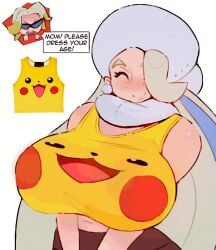1girls big_breasts blockyhaze blush closed_eyes earrings english_text game_freak gordie_(pokemon) hat huge_breasts jewelry melony_(pokemon) milf nintendo pikachu pokemon pokemon_ss smile stretched_clothing