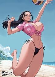 1girls ai_assisted ai_generated barefoot beach big_breasts bikini_bottom black_hair blue_eyes cropped_shirt exposed_nipples female female_only jumping meromeroai midriff nico_robin nipple_slip nipples one_piece one_piece_film_gold shirt solo thick_thighs thong volleyball wardrobe_malfunction