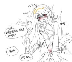 1boy 1boy1girl 1girls ahoge blonde_hair bloodfiend bottomless clothing dialogue don_quixote_(limbus_company) fangs female female_on_top fur_boa hands_on_chest heart korean_text la_manchaland_(identity)_(project_moon) limbus_company long_hair looking_at_viewer male penetration penis pov project_moon pussy pussy_juice red_eyes sancho_(limbus_company) sex shiram_(artist) simple_background sinclair_(limbus_company) slit_pupils speech_bubble text translation_request vaginal_penetration vaginal_sex vampire